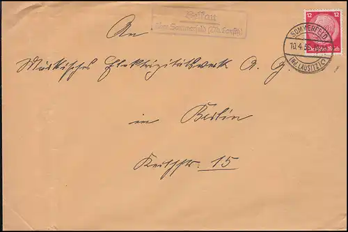 Landpost Belkau über SOMMERFELD (NIEDERELAUSITZ) C 10.4.35 auf Brief nach Berlin
