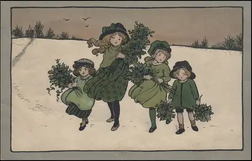 Belgien Kinder-AK Vier Mädchen in Winterlandschaft, gelaufen 1911