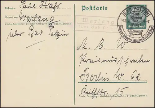 Landpost Warlang via BAD POLZIN SSt Mineralbad 26.1.35, carte postale vers Berlin