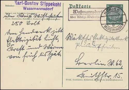 Landpost Waßmannsdorf via KÖNIGS WUSTERHAUSEN 7.5.36 sur carte postale à Berlin
