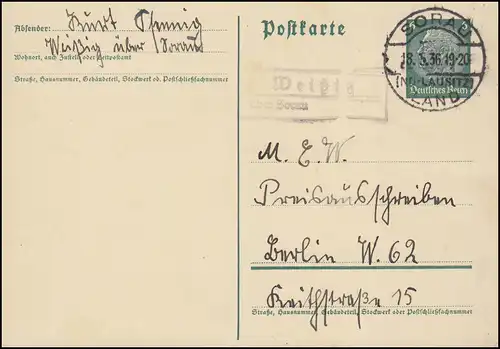 Landpost Weißig über SORAU (NIEDERLAUSITZZ) LAND 18.5.36, Postkarte nach Berlin