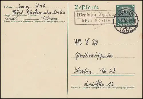 Landpost Wendisch Buckow über KÖSLIN LAND 16.5.36 auf Postkarte nach Berlin