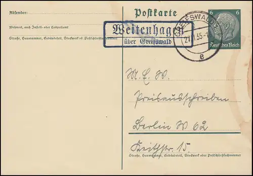 Landpost Weidenhagen via GREIFSWALD 27.11.35 sur carte postale à Berlin