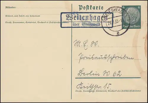 Landpost Weitenhagen über GREIFSWALD 27.11.35 auf Postkarte nach Berlin