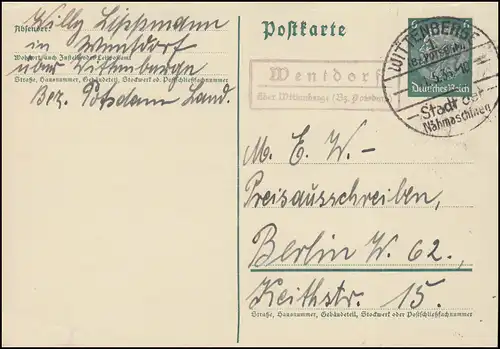 Landpost Wentdorf über WITTENBERGE 1 (Bz. POTSDAM) SSt 11.5.36 auf Postkarte