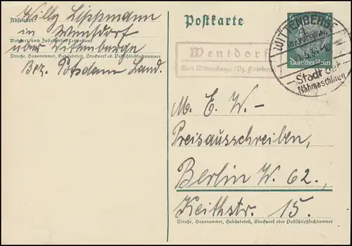 Landpost Wentdorf via WITTENBERGE 1 (Br. POTSDAM) SSt 11.5.36 sur carte postale