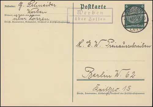 Landpost Werben über ZOSSEN LAND 11.11.35 auf Postkarte nach Berlin