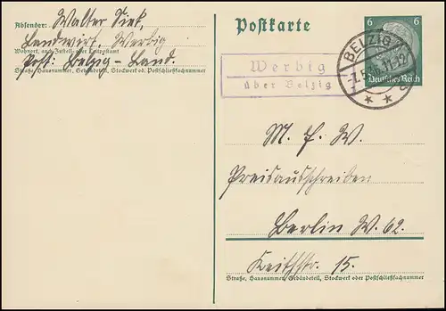 Landpost Werbig via BELZIG 7.5.36 sur carte postale pour Berlin