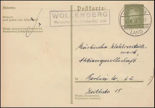 Landpost Werneuchen (Kr. OBERBARNIMI) LAND 10.4.33 sur carte postale