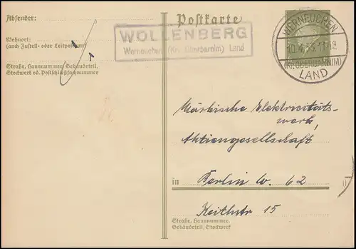 Landpost Wollenberg WERNEUCHEN (Kr. OBERBARNIM) LAND 10.4.33 auf Postkarte