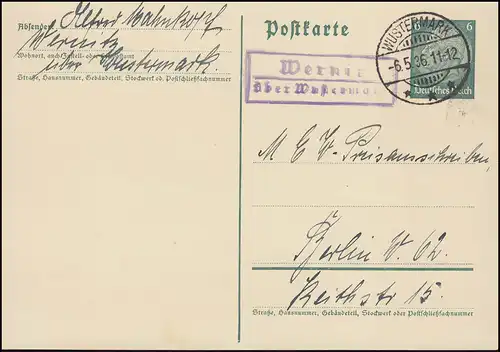 Landpost Wernitz über WUSTERMARK 6.5.36 auf Postkarte nach Berlin