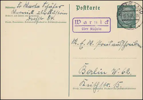 Landpost Warnick über KÜSTRIN LAND 13.5.36 auf Postkarte nach Berlin