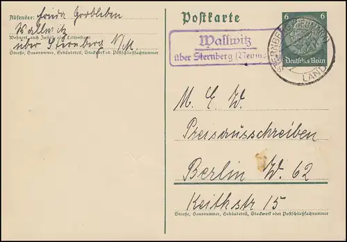 Landpost Wallwitz über STERNBERG (NEUMARK) LAND 12.5.36, Postkarte nach Berlin