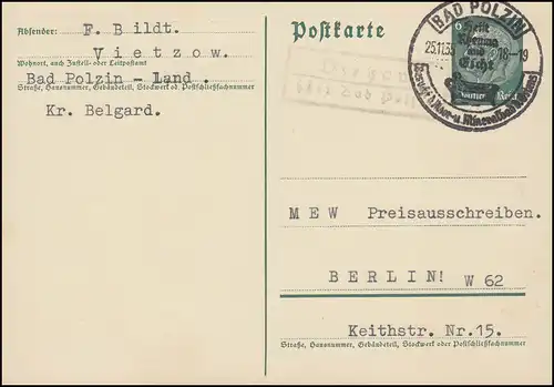 Landpost Vietzow über BAD POLZIN SSt Mineralbad 23.11.35, Postkarte nach Berlin