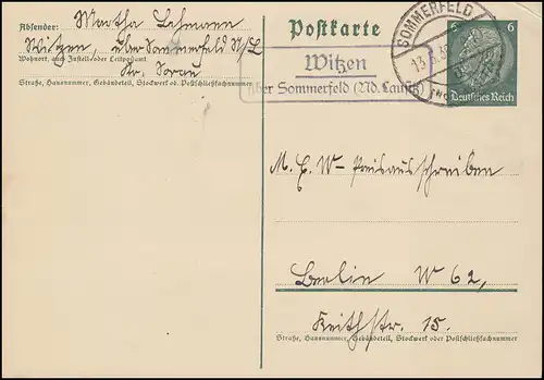 Landpost Witzen sur SOMMERFELD (NIEDERLAUSWEI) 13.5.36, carte postale à Berlin