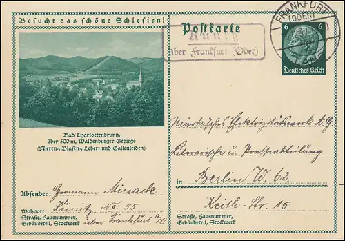 Landpost Kunitz über FRANKFURT (ODER) LAND 13.12.37 auf Bildpostkarte