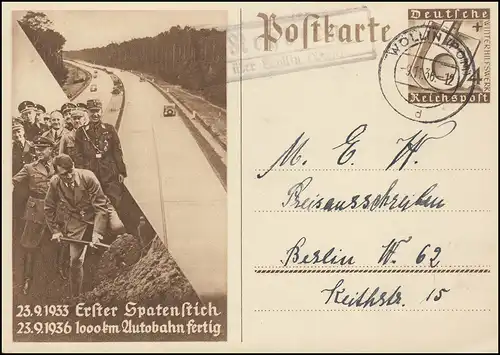 Landpost Rehberg sur WOLLIN (POMMERN) 9.11.36 sur carte postale spéciale pour Berlin