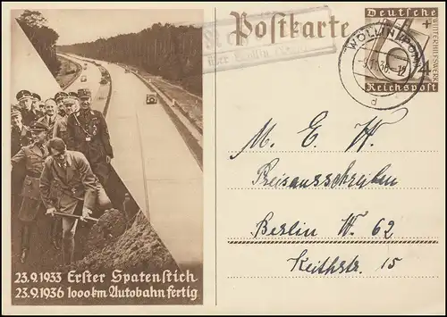 Landpost Rehberg über WOLLIN (POMMERN) 9.11.36 auf Sonderpostkarte nach Berlin