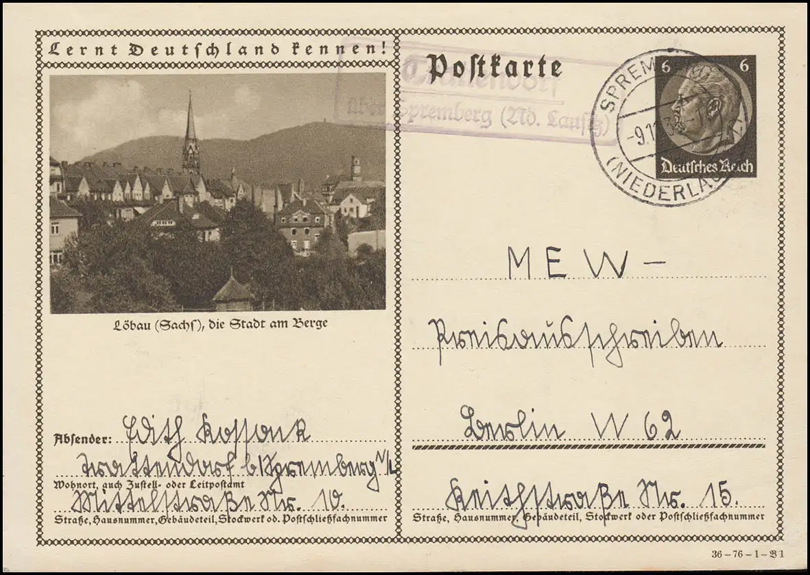 Landpost Trattendorf sur SPREMBERG (NIEDLAUSEWI) 9.11.38 sur carte postale