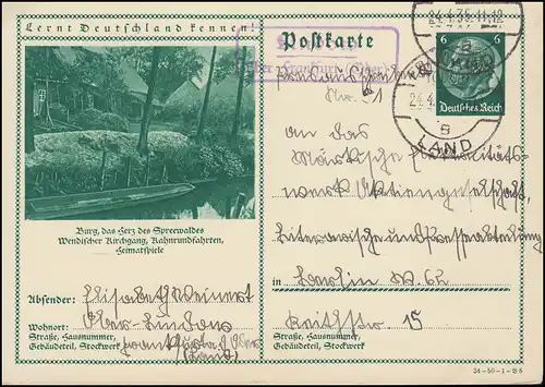 Landpost Lindow sur FRANKFURT (ODER) LAND 24.4.35 sur carte postale de Berlin