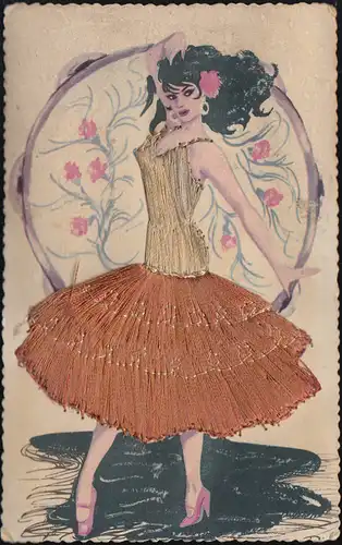 Espagne AK avec véritable fil: femme en robe de costumes, non utilisée