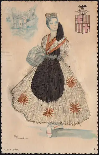 Spanien AK mit echtem Garn: Frau im Trachtenkleid Cataluna, ungebraucht