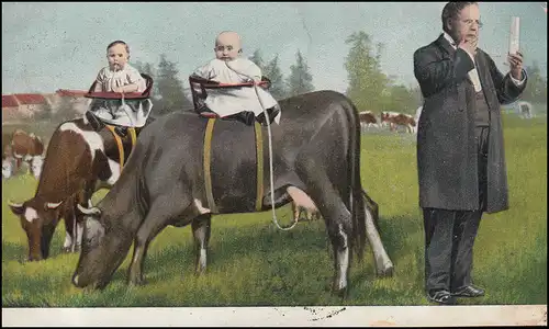 Karikatur-AK Milch direkt von der Kuh: Säuglinge beim Milchtrinken, ANVERS 1908