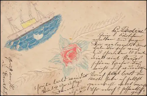 Prägekarte AK Schiff und Blume - farbig ausgemalt, BONN 15.10.1906 nach SIEGEN