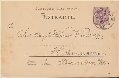 Carte postale privée PP 6 point 5 PFENNIG, BERLIN 17.12.1887 rs. Dessin à la main