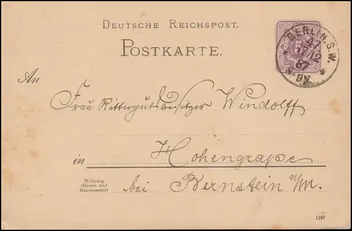Privatpostkarte PP 6 Ziffer 5 PFENNIG, BERLIN 17.12.1887 rs. Handzeichnung