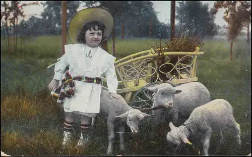 Tier-AK Mädchen in Matrosenkleid mit Schafen, ANTWERPEN / ANVERS 24.6.1907