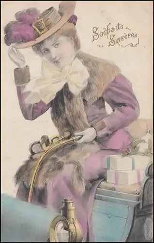 Félicitations AK femme en voiture ouverte avec cadeaux, BRUXELLES 1906