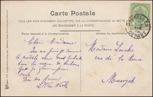 Félicitations AK femme en voiture ouverte avec cadeaux, BRUXELLES 1906