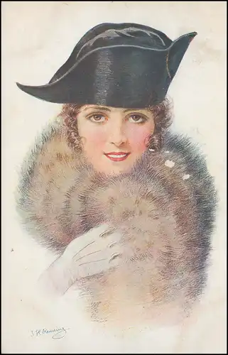 AK Femme souriante avec chapeau noir et stola fourrure, FLOESBERG 11.6.1919