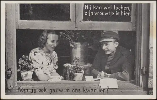 AK Er kann lachen, seine Frau ist da! Junges Paar am Fenster, GEMERT 19.1.1919