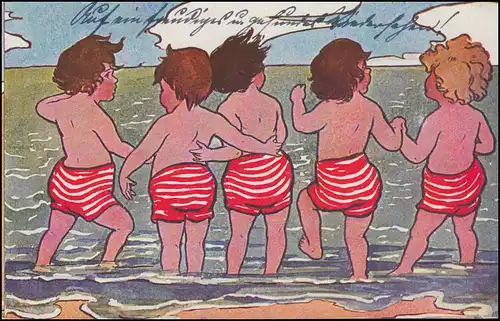 Karikatur-AK 5 Kinder plantschen am Strand, Feldpost lila Kastenstempel 2.4.1918