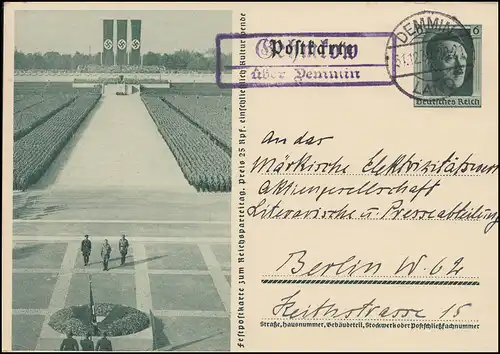 Landpost Gehmkov sur DEMMIN LAND 31.12.37 sur carte postale spéciale pour Berlin