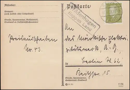 Landpost Wildenhagen REPPEN LAND 10.4.33 auf Postkarte nach Berlin