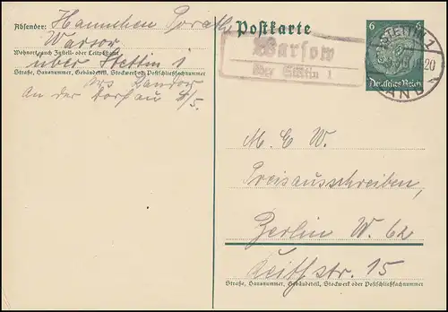Landpost Warsow via STELTIN 1 LAND 23.5.36 sur carte postale vers Berlin