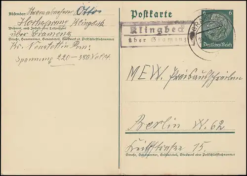 Landpost Klingbeck über GRAMENZ 25.11.35 auf Postkarte nach Berlin