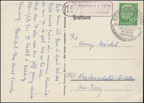 Landpost Hausen de la hauteur par BAD SCHWALBACH SSt 20.8.56 sur AK approprié