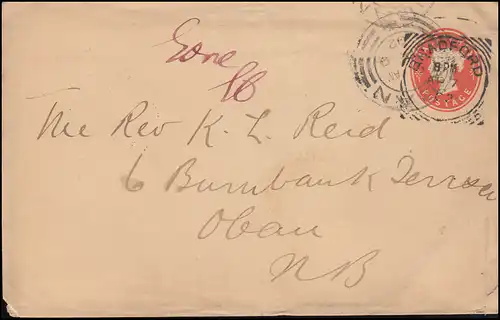 Großbritannien Privatumschlag Königin Viktoria HALFPENNY rot BRADFORD 7.4.1902