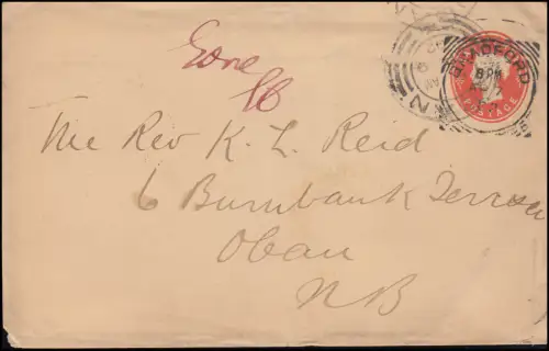 Großbritannien Privatumschlag Königin Viktoria HALFPENNY rot BRADFORD 7.4.1902