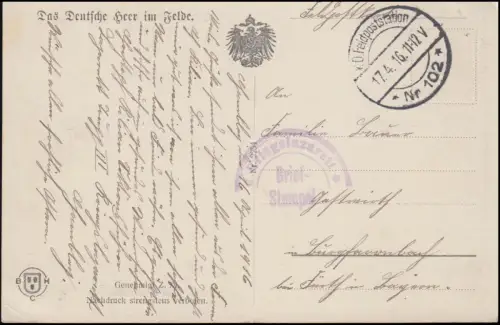 B.S. Hôpital de guerre, FELDPOSTATION 102 - 17.4.16, AK Quartiers dans le pays ennemi