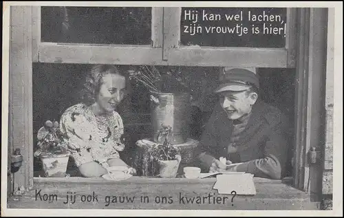 AK Er kann lachen, seine Frau ist da! Junges Paar am Fenster, Den Haag 18.10.39