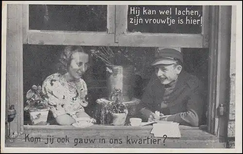 AK Il peut rire, sa femme est là ! Jeune couple à la fenêtre, La Haye 18.10.39