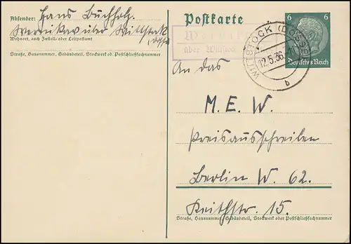 Landpost Wernikow über WITTSTOCK (DOSSE) 12.5.36 auf Postkarte nach Berlin
