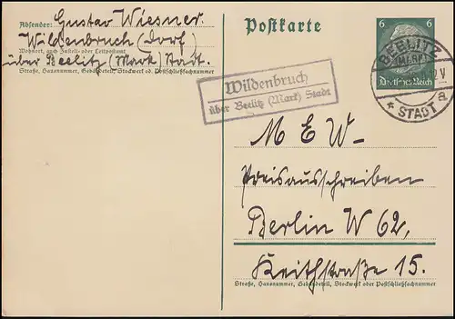 Landpost Wildenbruch sur BEELITZ (MARK) STADT 18.5.36 sur carte postale à Berlin