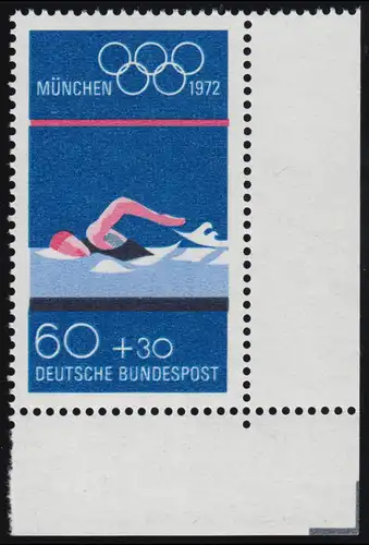 722 Olympische Sommerspiele 60+30 Pf Schwimmen ** Ecke u.r.