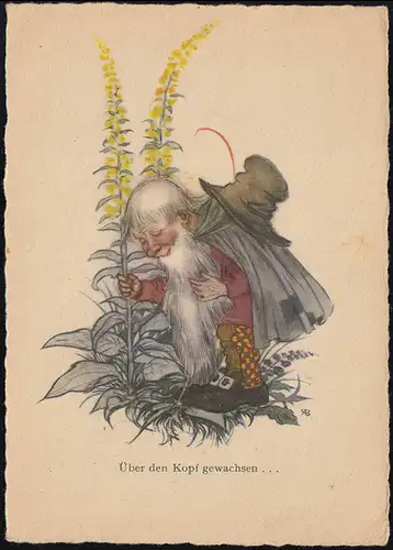 Caricature-AK Nain avec des plantes: Grandi sur la tête, OBERAUDORF 6.6.1946